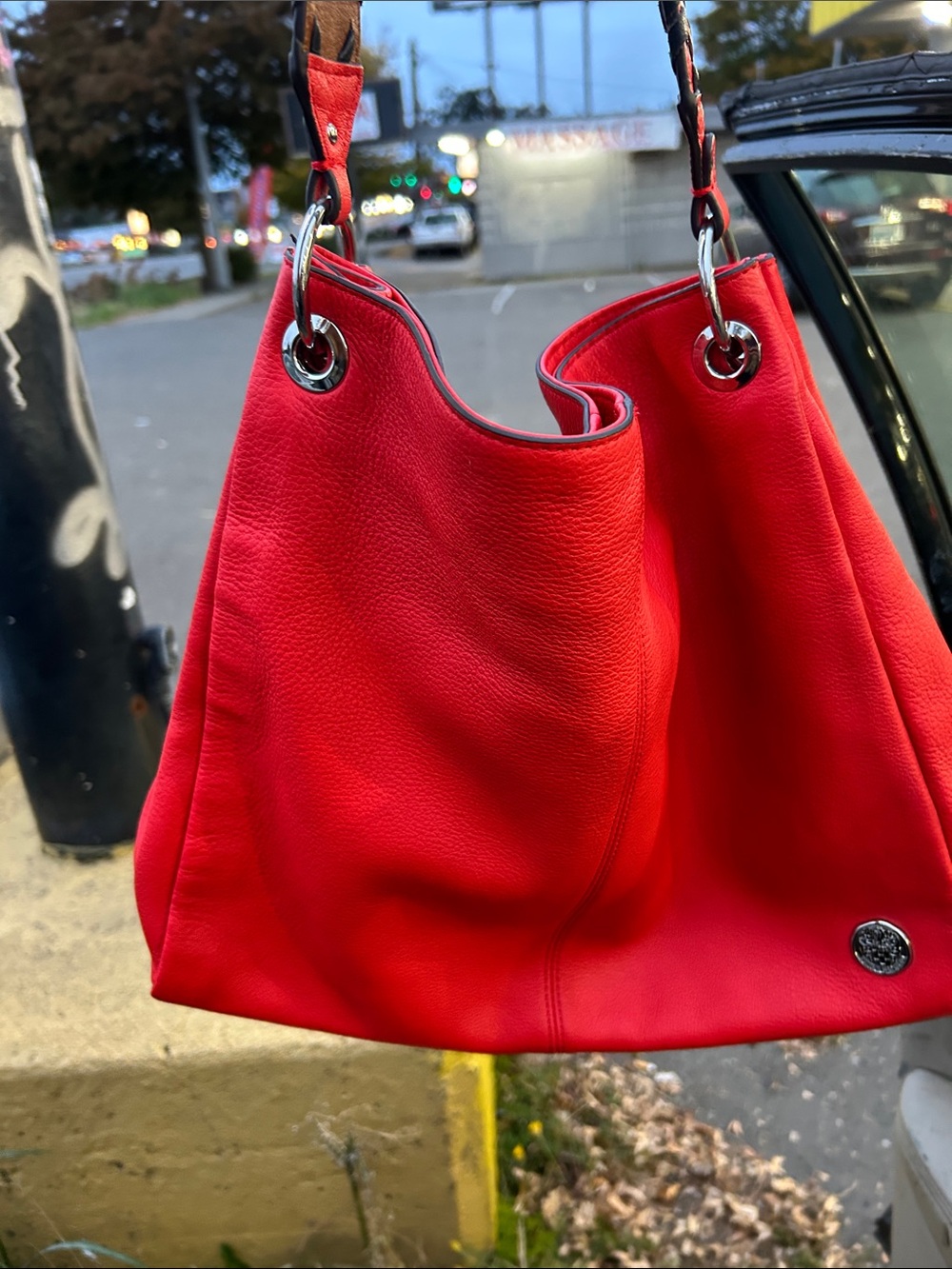 Vince Camuto Bright Red Leather Shoulder Hobo with Silver Rings - Picture 2 of 8